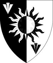 Eugene Haraldson Device: Per pale sable and argent, a sun eclipsed between in bend two broad-arrows counterchanged
